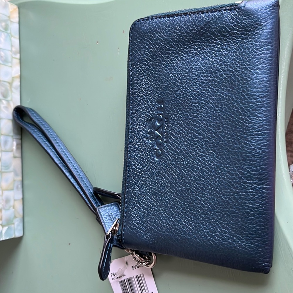 New navy leather coach wristlet